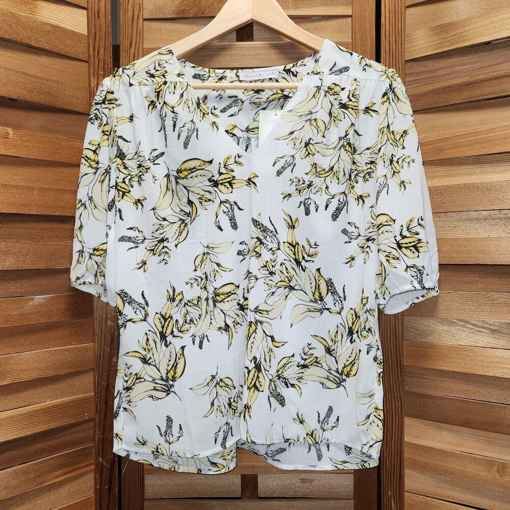 NWT Karen Hart White Floral Leaf Short Sleeve Shirt Blouse Women L Polyester